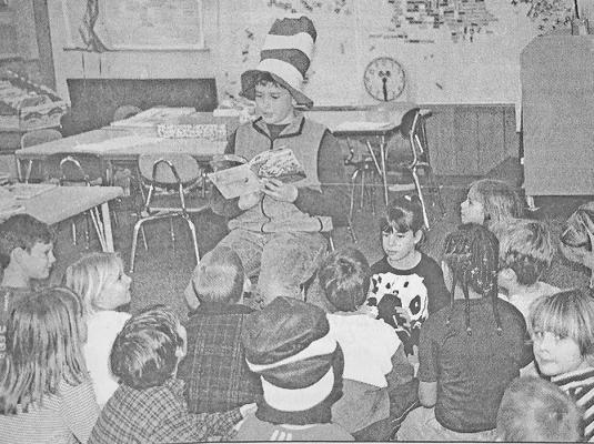 Members of the first-grade class were treated to a story by The Cat in the Hat, aka Levi Witthuhn, during the Reading Across America Day celebration in honor of Dr. Seuss’s birthday.