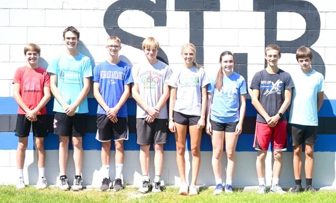 Members of the 2024 South Loup cross country team are, from left: Walter Bierman, Eli Rogers, Caleb McFate, Dawson Mason, Ella Cool, Ivy Tullis, Josiah Coleman, and Jaden Baker. (Photo by Jessica Tickle)