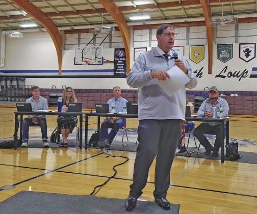 Callaway Public School Superintendent J.D. Furrow presented budget and tax information during a special meeting in the school gym on Wednesday, Sept. 2. Behind him are board members, from left, Mike Reiff, Rhonda Pandorf, Jim Phelps, Rebecca Eggleston, and T.R. Anderson. (Courier photo by Ellen Mortensen)