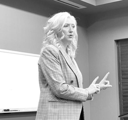 Tanya Storer, a candidate for the Nebraska Legislature District 43, shared some thoughts with residents of Custer County at Adams Land &amp; Cattle on Feb. 7.