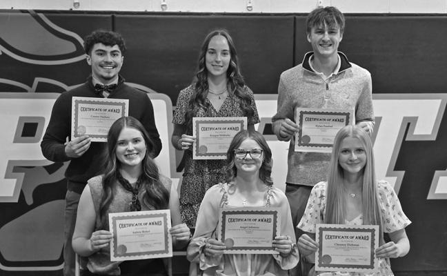 Callaway students receiving Custer County Foundation Scholarships are front row, from left: Aubrie Birkel, Angel Johnson, and Chenney Dishman; back row: Conner Paulsen, Kaygan Witthuhn, and Dylan Pandorf. Student receiving a scholarship but not in attendance was Bindi Peters. (Photo courtesy Custer County Foundation)