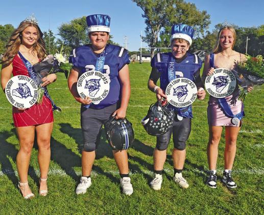 Both Callaway and Arnold High School Homecoming kings and queens were crowned during the South Loup football game on Friday, Oct. 2. From left are: CHS Queen Charli Pandorf, CHS King Taytum Wiese, AHS King Wacey Schultz, and AHS Queen Jade Bierman. (Courier photo by Ronda McFate)