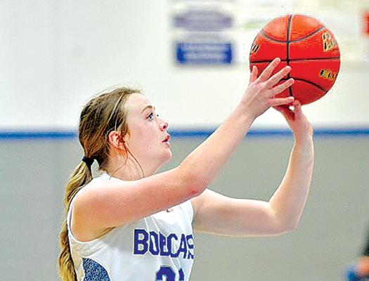 South Loup’s Lauryn Johnson takes a shot during last Friday’s opening season game in Arnold against Twin Loup. The Bobcats came away with the victory. (Photo courtesy Patti Schwarz)