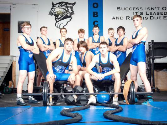 Members of the 2023-24 South Loup wrestling team are, Front row, from left: Dawson Doggett and Dylan Handley; Center: Kyle Bloomer; Back row: Bo Brennan, Dawson Mason, Josiah Coleman, Zane Ellison, Paxton Bierman, Noah Hiatt, Ryan Lords, and CJ Quandt. (Courier photo by Kevin Neth)