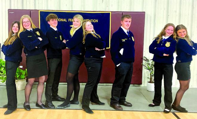 This year's FFA officers at Callaway Public School are, from left: Abby Stallbaumer, President; Taylor Ross, Vice President; Kaden Paulsen, Treasurer; Delaynie Laible, Secretary; Ava Pandorf, Reporter; Mattew Mannon, Historian; Addison Bailey, Sentinel; and Jocelyn Bailey, Parliamentarian; (Photo courtesy Joslyn Reiff)