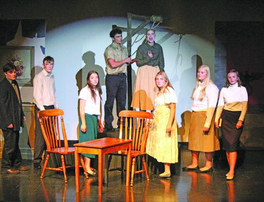 The cast of the Callaway High School One Act play “Dark Road” includes, from left: Zane Ellison, Brayden Keeney, Olivia Fitzgerald, Conner Paulsen, Chenney Dishman, Tyra Brestel, Taryn Rohrbough, and Tiersa Johnson. The team performed their production for the public on Tuesday, Nov. 11, to a packed house. (Courier photo by Ellen Mortensen)