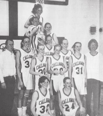 March 5, 1998 - PHOTO 98 Dist. Champs: The Callaway Lady Bears won the District Championship to earn a trip to the State Basketball tournament. Members of that team include Sara Florom, Morgan Myers, assistant coach Darin Ellis, Melissa Scott, Kenna Scheringer, Libs Devine, Milissa Willis, Marci Johnson, Hilary Nichelson, coach Colleen Chapman, Julie Jochum, Linsey Pandorf and Britt Sommer. That team would go on to win the State Runner-Up trophy.
