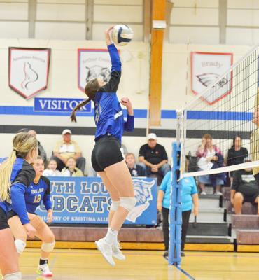 Senior Delaney Rogers gets a kill vs. Ansley/Litchfield. (Courier photo by Patti Schwarz)