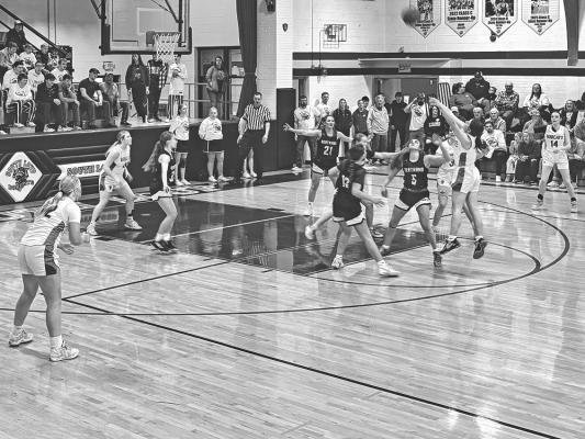 Going up for a shot over a crush of Bertrand Vikings is Erin Fitzgerald. (Photos courtesy of Nicole Witthuhn)