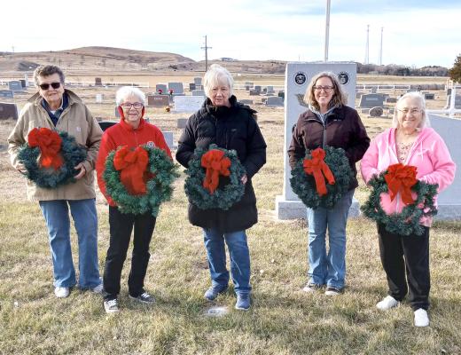 The Callaway Legion Auxiliary spent a few hours on Saturday, Dec. 7, distributing wreaths on the graves of veterans at Rose Hill Cemetery. The project is an offshoot of Wreaths Across America, though it is not specifically affiliated with that organization. Auxiliary members participating included, from left, Jo Chesley, Mary Ann Boldt, Joyce Kolbo - Lutheran Church PMA, Deondra Lashley and Eileen Wilson. (Photo courtesy Jo Chesley)