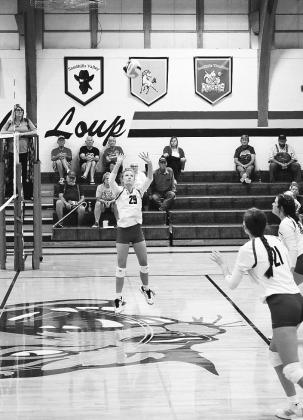 Delayne Liable sets the ball during the JV win over Anselmo-Merna last Monday. Courier photos by Amanda Wehnes