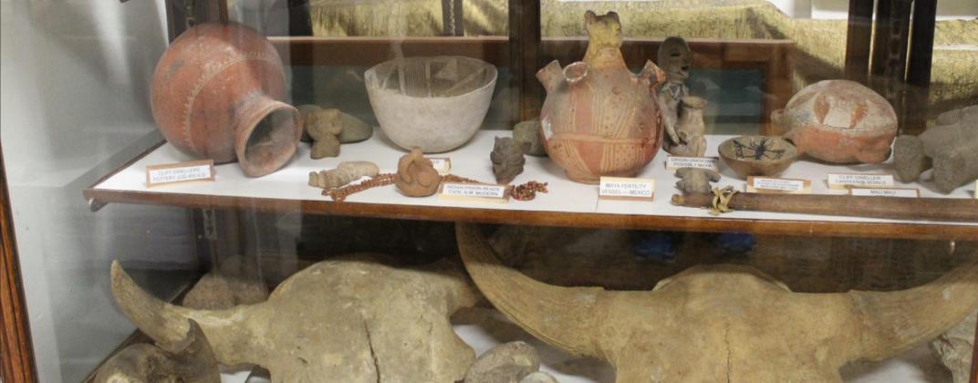 The Native American display at the Seven Valleys Museum contains several pieces of pottery and other artifacts collected over the years.