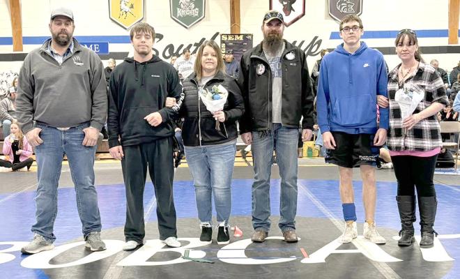 The two senior members of the South Loup wrestling team were honored during parents night at the South Loup Invitational last Friday in Callaway. The senoirs are Dawson Doggett, left, and Dylan Handley, right. (Photos courtesy CPS)