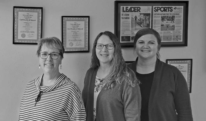 Staff of the Callaway Courier are, from left, Ellen Mortensen – editor, Loleta Connell – advertising specialist, and Kelly Aden – business manager. Not pictured: Alisa Mullen – writer. Syndicate Publishing is owned by Colten Venteicher and John Bell. (Leader photo)