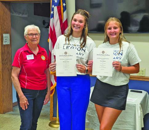 From left, Callaway American Legion Auxiliary member Mary Ann Boldt presents Miranda Tucker and Tiersa Johnson with Certificates of Participation at Cornhusker Girls State. (Photo courtesy Jo Chesley)