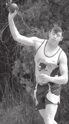 Rio Remund threw the shot 42 feet, 11.25 inches, good for second place at the Overton Invite at Axtell on April 19. (Courier photo by Loleta Connell)