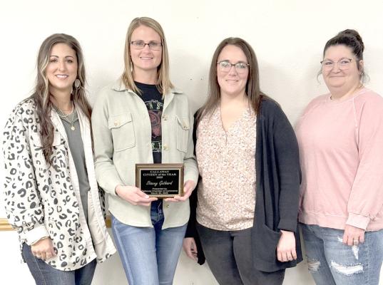 Callaway Chamber of Commerce board officers presented the 2025 Citizen of the Year award to one of their own, Stacey Guthard, on Sunday evening. From left are Board President Kayla Berg, Board Treasurer Stacey Guthard, Board Secretary Kelsey Wyckoff, and Board Vice President Kindle Rice. (Photo courtesy Kelsey Wyckoff)