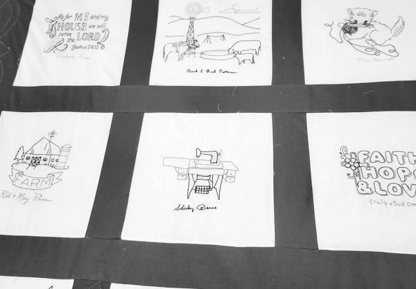 Shirley Pierce and LaVonne Hickenbottom are working on a quilt with each block depicting the lifestyle of the families of Morning Star Church near Callaway. When finished the quilt will be a gift. (Courier photo by Ellen Mortensen)