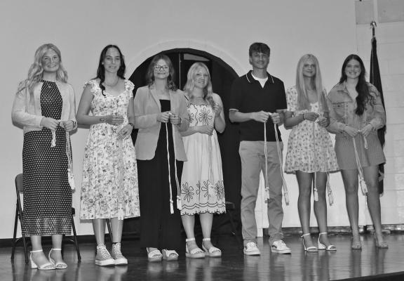 Seven students completed at least six semesters of advanced coursework, therefore each will receive a gold cord. From left are Neltje Reiff, Kaygan Witthuhn, Angel Johnson, Tyra Brestel, Dylan Pandorf, Chenney Dishman, and Aubrie Birkel. See next week’s Courier for more honors photos.
