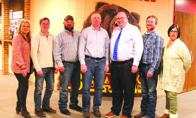 The Callaway School Board, following election of officers, are from left: Rhonda Pandorf-vice president; Mike Reiff-president; TR Anderson; Jim Phelps-treasurer; Superintendent Bryon Hanson; Vincent Guthrie; and Liana Hrupek-secretary. (Courier photo by Ellen Mortensen)