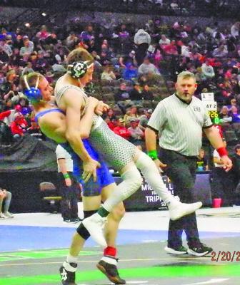 Josiah Coleman works to get Daltan Dugan of Central Valley to the mat in last week’s state wrestling tournament in Omaha. It was the last match for Coleman in what has been a great year and career for him.