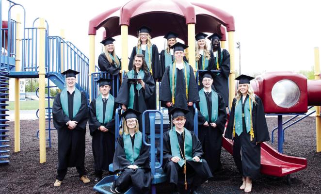 The Callaway High School Class of 2023. Back row, from left: Jocelyn Bailey, Abby Stallbaumer, Ava Pandorf, Lauryn Johnson, Nadeema Haidle. Second row: Chad Dishman, Matthew Mannon, Jasmin Parker, Grant Hrupek, Chase Dishman, Taylor Ross. Front row: Jasmyn Ledet, Kaden Paulsen (Courier photo by Amanda Wehnes)