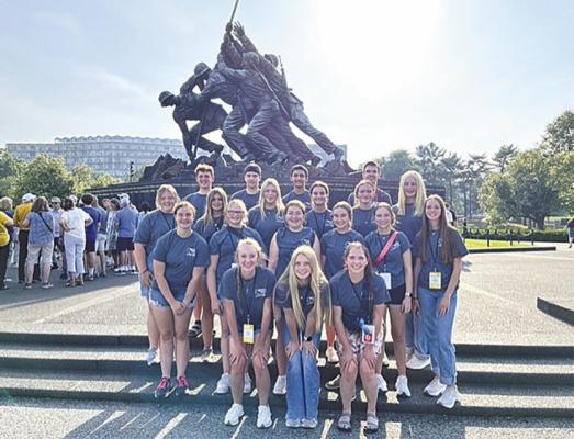 The students enjoyed the Marine Monument, which is the largest statue in Washington D.C. Front row, from left: Delanie Weinman, Rae Hagler, and Loreena Schauda; Row two: Nicole McCaslin, Lillian Gregoski, Hayden Christen, Bindi Peters, Josie Lehmkuhler; Row three: Maci Smith, Charli Pandorf, Emma Larsen, Erin Taylor, Ashlyn Schauda, and Emma Stallbaumer; Back row: Rieker Spradlin, Trey Berghorst, Caleb Sughayar, and Eli Rogers.