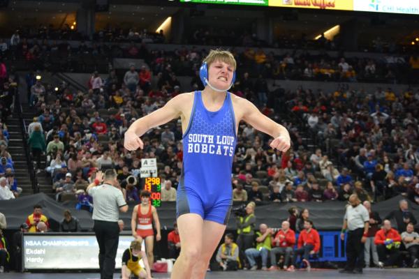 Dawson Mason could not contain his emotion as he won his semifinal match at the state tournament in Omaha last Friday evening to advance to Saturday's state championship match. (Courier photos by Brandy Mason)