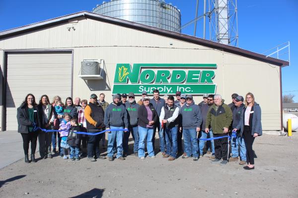 Community members, Chamber representatives, and employees joined for a ribbon cutting for Norder Supply, Inc., formerly Progressive Fertiizer in Callaway on Jan. 27. Cutting the ribbon was Tanner Lubben, manager of the Callaway location. (Courier photo by Ellen Mortensen)