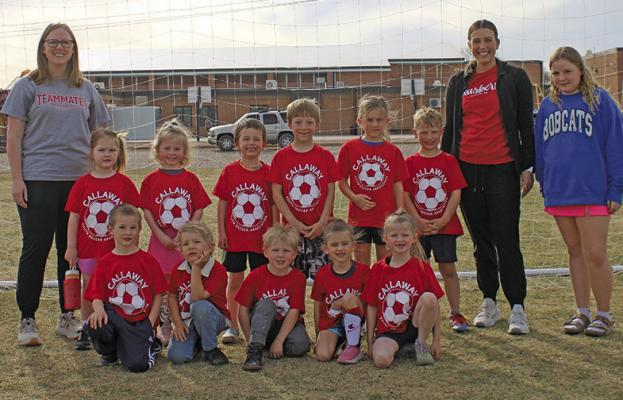 Members of the pre-K/kindergarten Sharks team are, front row, from left: Remington Winkelman, Oliver Pandorf, Jett Bunner, Lula Meyer, Esmae Eggleston; Back: Coach Kaylee, Riata Owens, Maggie Brogan, Colton Abbott Billings, Pratt Warren, Georgia Meyer, Asher Hoesel, Coach Kendra.