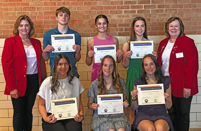 Area seniors receiving the Broken Bow Elks/Does Service Scholarship are, front row, from left: Camarha Cox, Arcadia; Kaygan Witthuhn, Callaway; and Kelynn Witthuhn, Callaway; back row: Presenter Amy Cyboron, Colin Wright, Anselmo-Merna; Erin Taylor, Broken Bow; Maggie Peterson, Broken Bow, and Presenter Becky Loy.
