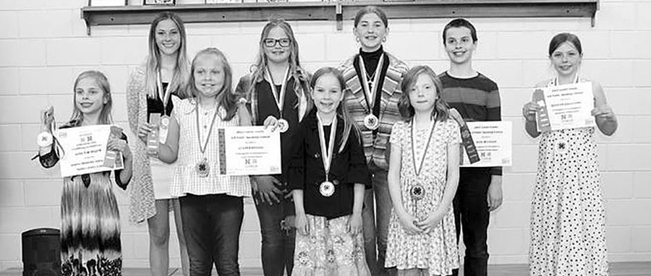 Custer County 4-H Public Speaking Contest participants included, front row, from left: Kateri McCaslin, Lenora Bryson, Lucy Martin, Khloe Jacobson; back row (l-r): Alex Berghorst, Lillian Gregoski, Maysa Jones, Ryan McCaslin, Kennedy Eggleston. Not Pictured: Nicole McCaslin. (Photo courtesy Custer County Extension)