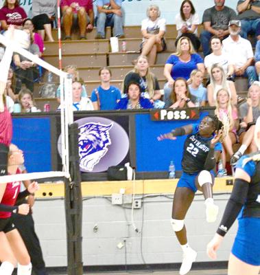 South Loup's Nyachay Haidle slams the ball down during a match earlier this season. She was one of three Lady Bobcats earning All-Conference honors. (Courier file photo by Jessica Tickle)