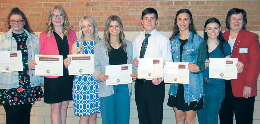 Broken Bow Elks scholarship winners include, from left: Dustie Harris from Sandhills, Abby Stallbaumer from Callaway, Annalee Starr from Arnold, Ava Pandorf from Callaway, Grant Hrupek from Callaway, Tenley Rasmussen from Thedford, Shealynn Rasmussen from Burwell, and PER and MC Becky Loy. Not pictured: Emily Leach from Sandhills. (Photo courtesy Broken Bow Elks)