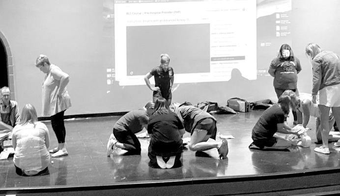 Callaway EMTs worked with groups of school staff teaching CPR techniques for children. (Photos courtesy Melissa Eggleston and Heath Birkel)