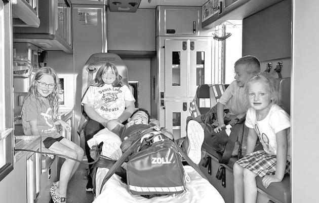 Several local kiddos got an up close look at the Callaway ambulance and equipment used to help save lives. Pictured, from left, are: Everleigh Lynch, Avalynn Ortiz, Kashton Ortiz, Sawyer Lynch, and Elaina Lynch. (Photos courtesy Mark Buss)