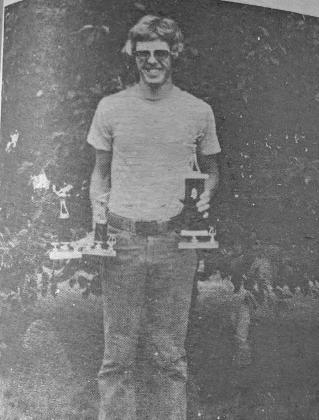 * This photo appeared in the July 7, 1976 issue of the Callaway Courier. Gene Schneringer won three trophies for his first-place finish in the Nebraska State Sand Green Tournament in Oshkosh.