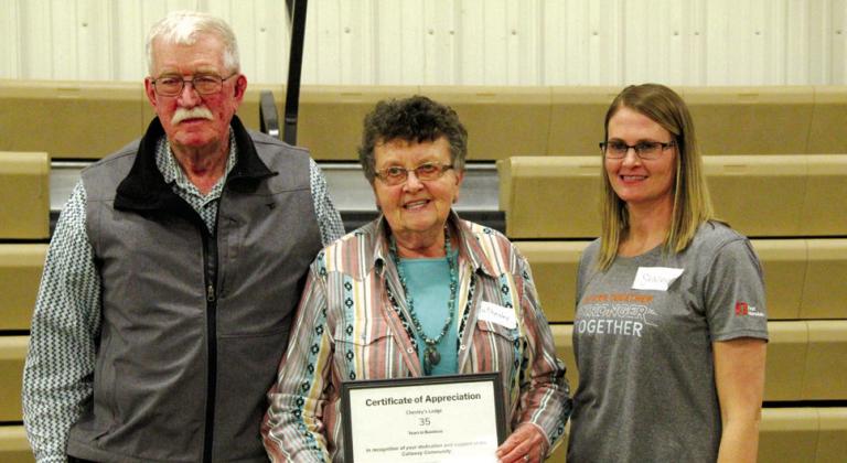 Dave and Jo Chelsey accepted a certificate for 35 years in business from Callaway Chamber Board Treasurer Stacey Guthard.