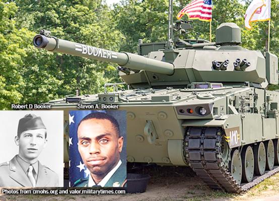 A ceremony held in Aberdeen, Maryland last month paid tribute to local hero Pvt. Robert D. Booker and Pennsylvania hero Staff Sgt. Stevon Booker. Members of Robert Booker's family from Custer County were present for the ceremony christening a new combat vehicle named for the two U.S. Army veterans who paid the ultimate sacrifice in service to their country. (Photo courtesy KCNI/KBBN Radio)