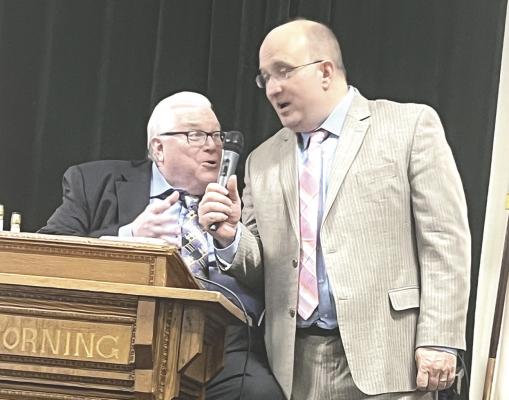 Pastor Mike Garner of Morning Star Church, right, shares a moment with Stan Cook from Louisiana during the Gospel Fest event held at the Callaway Community Center April 26-27. The event featured well-known gospel music artists, Biblical teachings, and just a genuine fun time. (Photo courtesy Pastor Mike Garner)