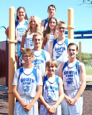 Members of the 2023 South Loup cross country team are: Front row, from left: Caden Pandorf, Walter Bierman, Eli Rogers; Second row: Josiah Coleman, Caleb McFate; Third row: Ella Cool, Ivy Tullis; Back row: Gracie Neth, Logan Recoy. (Courier photo by Amanda Wehnes)