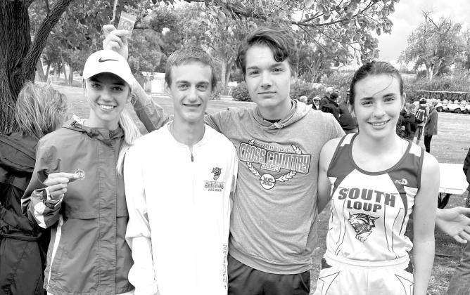 South Loup qualifiers for the State Cross Country Championships being held tomorrow in Kearney are, from left, Ella Cool, Josiah Coleman, Logan Recoy, and Ivy Tullis. (Photo courtesy CHS)