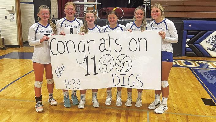 ABOVE: Ava Pandorf (center) celebrated her 1,100th career dig during the game against Twin Loup last Thursday in Callaway. Also pictured with her are teammates, from left, Bryn Schwarz, Abby Stallbaumer, Lauryn Johnson, Pandorf, Charli Vickers, Taylor Ross. BOTTOM LEFT: Delaynie Liable goes for a kill against Sutherland during a JV tournament at North Platte Community College last Monday. Photo courtesy Callaway Public School