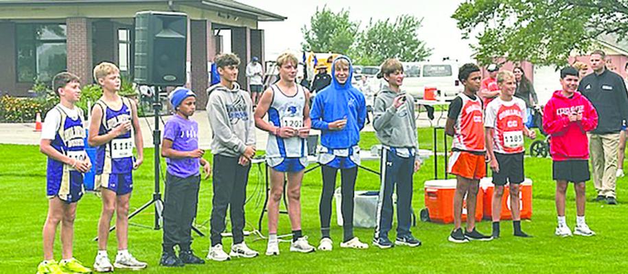 Even the junior high athletes got in on the action at the Cozad meet last week with four of the boys earning medals. Above, starting fourth from left, are Dagen Fletcher, Cruz Mason, Jeremiah Morgan, and Lane Hogg with their medals representing South Loup. (Photo courtesy Callaway Public Schools)