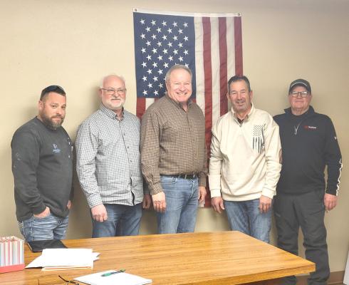 Members of the Callaway Village Board are, from left, TJ Elliott, Lawrence Paulsen, Dan Lewandowski, Darwin Mast, and Chairman Mark Kimball. (Courir photo by Ellen Mortensen)