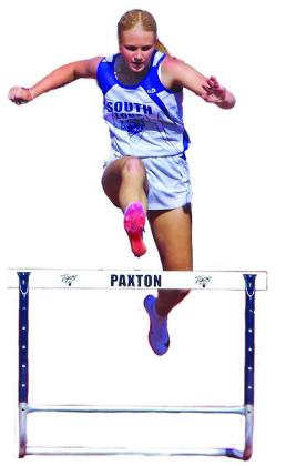Rae Hagler ran her best time in the women’s 300m Hurdles at the district meet to qualify for the state meet in Omaha this week. She earned the district silver medal. (Courier photos by Ronda McFate)